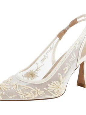 Women's Beige Lace Mesh Slingback Heels Bridal Shoes Pointed Toe Pumps